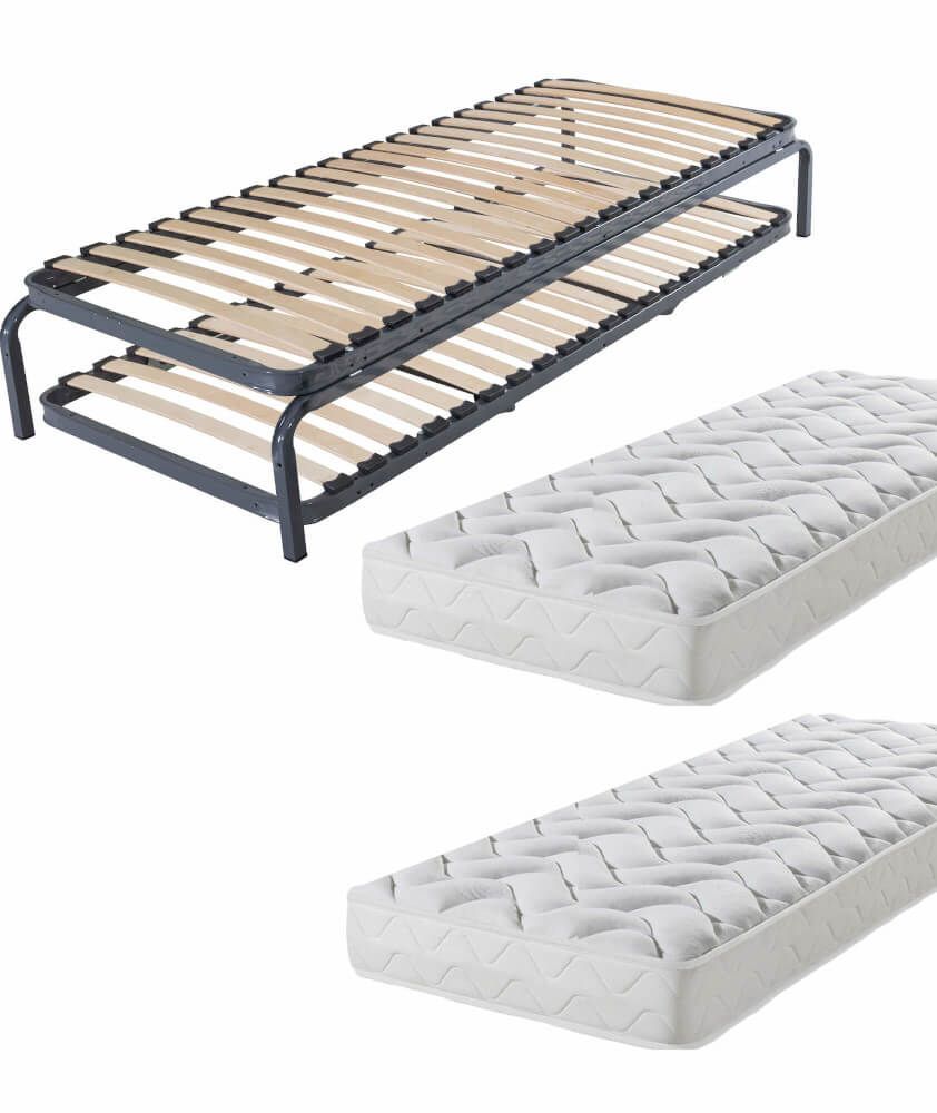 Metallic trundle bed with mattress